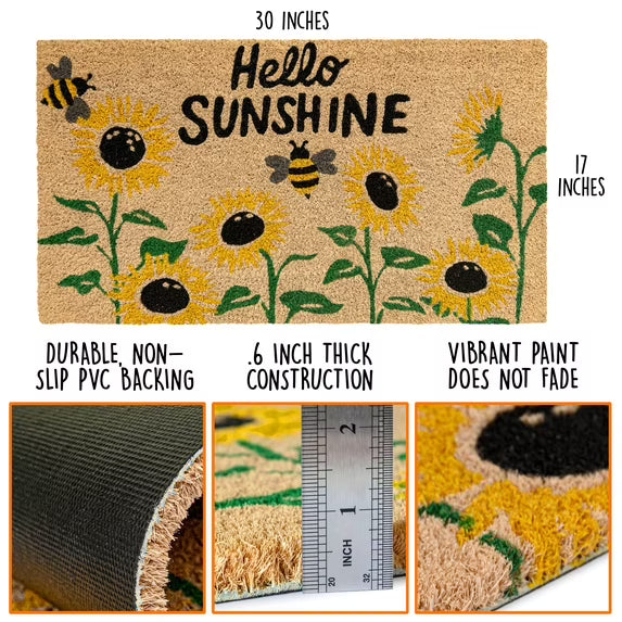 Sunflower Coir Doormat 30x17 Inch, Sunshine Outdoor Welcome Mat for Outside